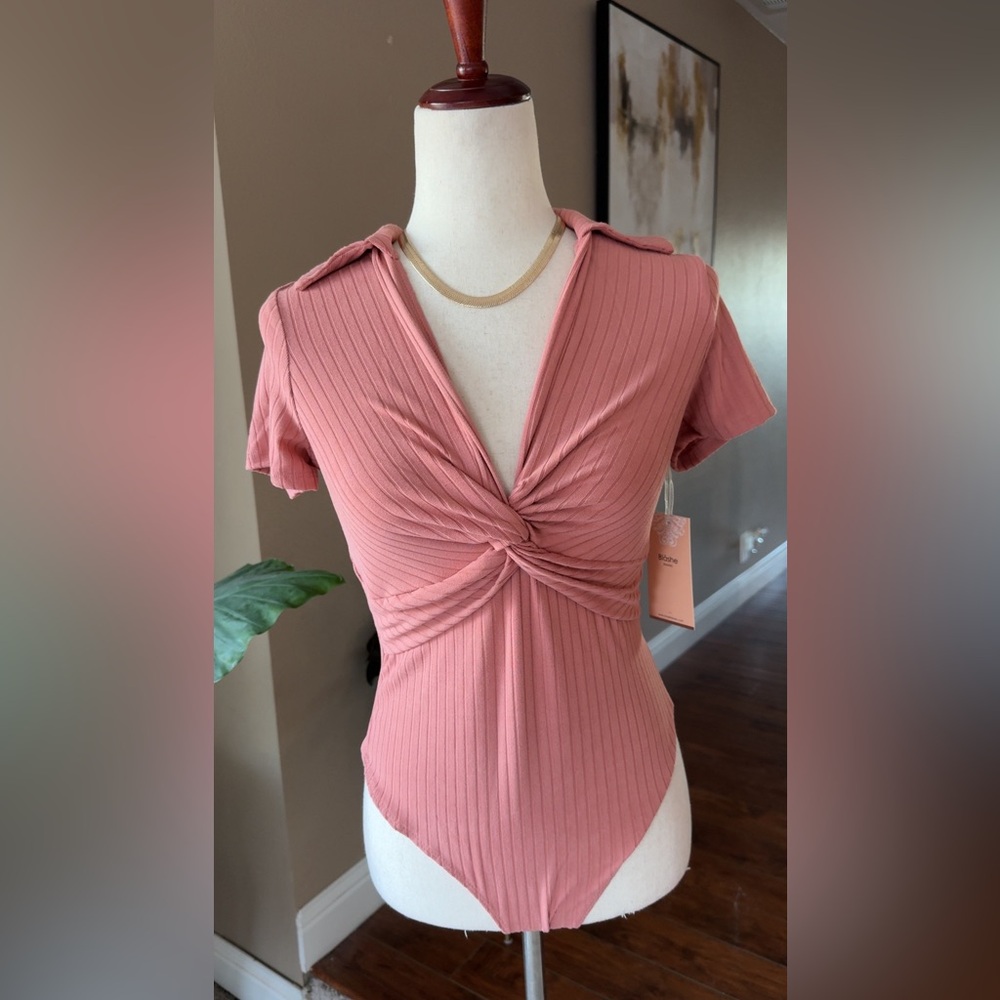 Marsala ribbed knit bodysuit collared - Picture 4 of 5